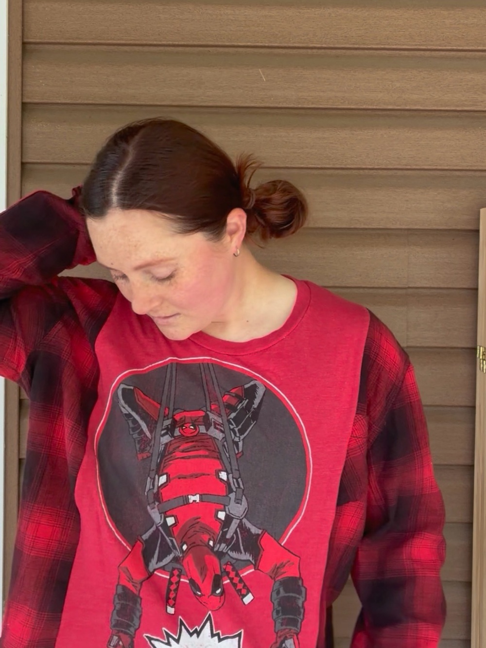 Unisex Red Graphic Deadpool Tee with Plaid Shirt